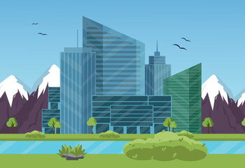 Landscape of a modern city with skyscrapers. Vector illustration. - 522571558