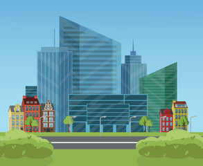 Landscape of a modern city with skyscrapers. Vector illustration. - 522571559