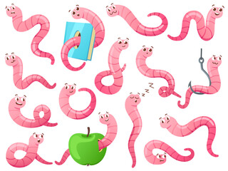 Cartoon worm in different poses. Crawling earthworm, attractive worm on hook and bookworm vector set