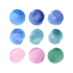 Hand painted watercolor abstract circles. Pink, green, purple and blue circle design elements isolated on a white background. 