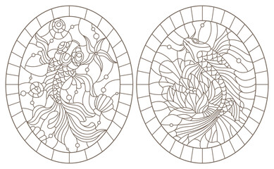 Set of contour illustrations with goldfishes on water and seashells background, dark outlines on white background