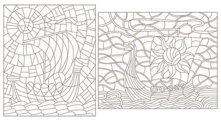 A set of contour illustrations in the style of stained glass with ancient Viking ships, dark contours on a white background