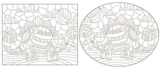 A set of contour illustrations in the style of stained glass with cute dinosaurs, dark contours on a white background