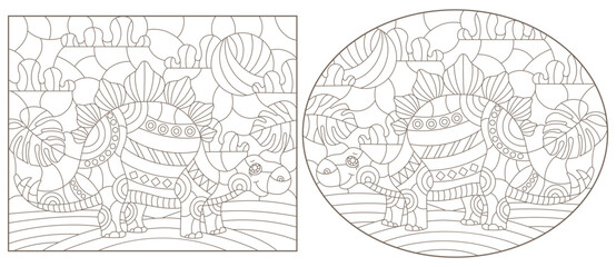Obraz premium A set of contour illustrations in the style of stained glass with cute dinosaurs, dark contours on a white background