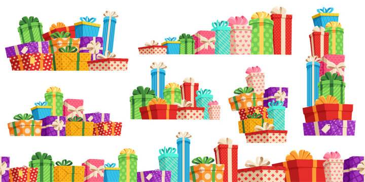 Gift box pile. Many gifts, lot of wrapped surprise boxes with ribbon bows and colorful birthday presents seamless divider vector set
