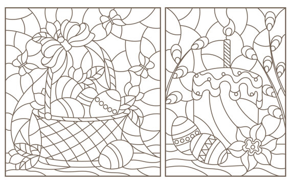 Set of contour illustrations of stained glass Windows for the Easter holiday, still life , dark outlines on a white background