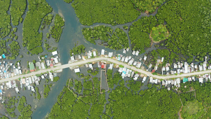 Highway through the mangrove forest passing through the village, aerial view. Siargao island, Philippines.