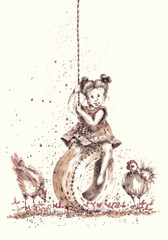 Monochrome graphic illustration of a cheerful little girl on a makeshift swing surrounded by domestic birds: a rooster and a hen. The drawing is made on a light background interspersed with coffee