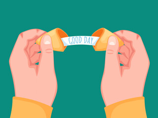 Cracked fortune telling cookies in hands. Good day forecasting, traditional Chinese sweet cookie with predictions of future vector illustration