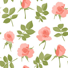 Rose flower pattern, seamless, pink flowers on a 
white background, print for textiles, wallpaper, fabric, packaging