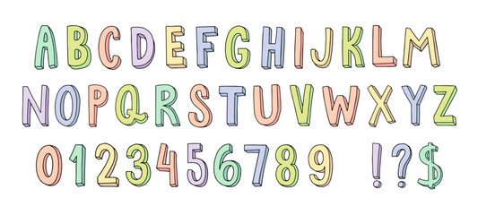 Hand drawn font. Cute doodle font with colorful letters and cartoon numbers. Fun alphabet for kids lettering vector set © WinWin
