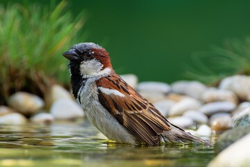 House sparrow, male in the water of the bird watering hole. Czechia