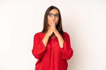 hispanic pretty woman happy and excited, surprised and amazed covering mouth with hands, giggling...