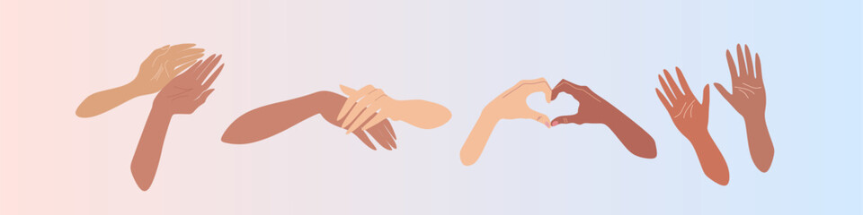 A set of hands of light and dark skin. Elegant hands, different gestures. Tin the heart with your hands. Palms up. One hand strokes the other.The background is pink and blue.