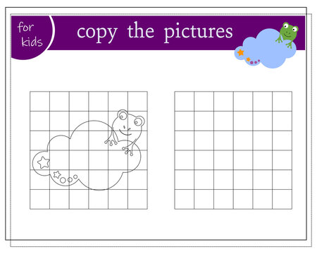 Copy the picture, educational games for kids, Cartoon frog sleeping in the clouds. vector isolated on a white background