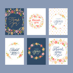 Thank you cards. Hand written postcard with words of gratitude, greetings lettering with flowers decoration vector set