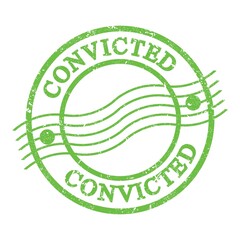 CONVICTED, text written on green postal stamp.