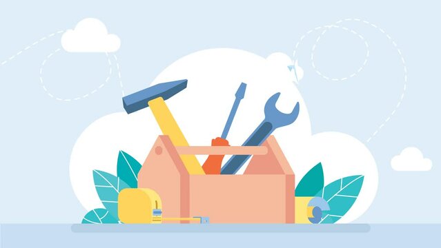 Workman's toolkit. Toolbox with instruments inside. Tool chest with hand tools. Workbox in flat style. Set building tools repair. Hammer, screwdriver, tape measure. 2d flat business animation 