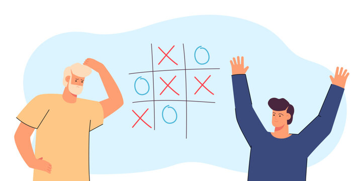Son beating dad at tic-tac-toe flat vector illustration. Young and elderly men playing oughts and crosses. Game, winning, failure, recreation concept for banner, website design or landing web page