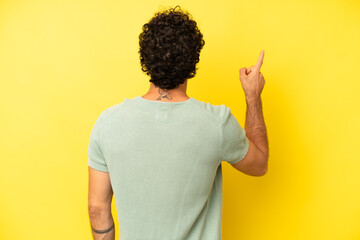 young bearded man standing and pointing to object on copy space, rear view