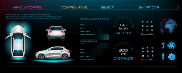 Automotive interface. Smart car with instrument settings and navigation panel and digital control panel. Vehicle maintenance settings. Holographic touch panel with HUD car interface