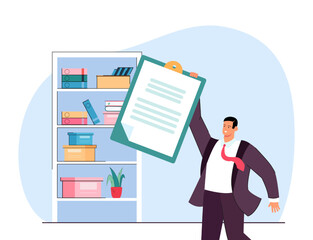 Employee holding clipboard with document. Male cartoon character in official suit completing work flat vector illustration. Business, occupation concept for banner, website design or landing web page