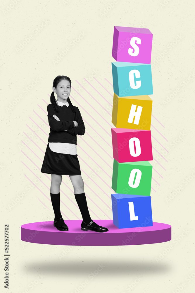 Poster vertical collage image of cheerful little girl black white effect folded arms pile stack school text