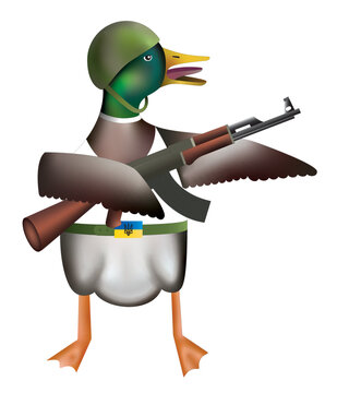 An illustration of a duck in the Ukrainian military uniform that holds a machine gun on the white background