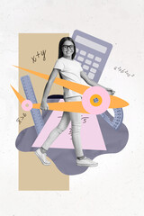 Vertical poster collage of school girl go do math wear glasses casual cloth isolated on drawing...