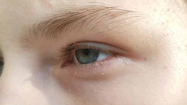 Teenage girl look into distance. Beautiful blue eye close-up. Face without makeup. Serious look. Pupil movement. Flutter of eyelashes. Young woman blinks and looks in different directions. Slow motion