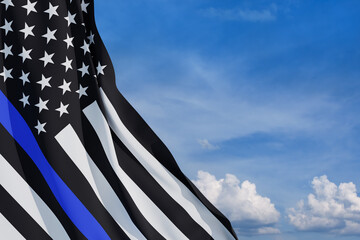 American flag with police support symbol Thin blue line on blue sky. American police in society as...