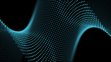 Digital wave with dots on the dark background. The futuristic abstract structure of network connection. Big data visualization. 3D rendering.