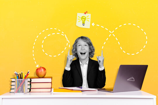 Creative collage of excited clever kid boy black white effect point fingers bright mind light bulb fresh healthy apple isolated on yellow background