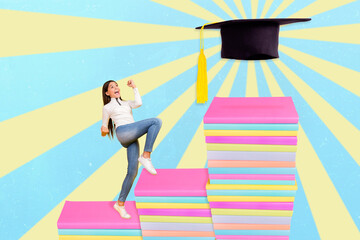 Collage picture of delighted excited small girl climb book stairs reach mortarboard hat celebrate accomplishment isolated on creative background