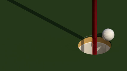 Golf ball tipping into hole on green with flag stick, minimal background image with copy space. 3D illustration render.
