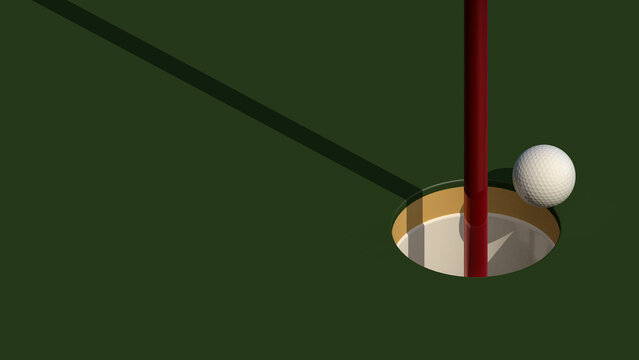 Golf ball tipping into hole on green with flag stick, minimal background image with copy space. 3D illustration render.
