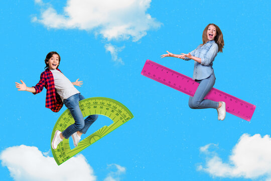 Composite collage picture of two excited small kids sit protractor ruler flight clouds sky isolated on creative background