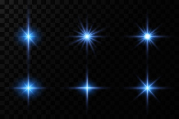 Bright particles, burning blue lights, stars, lasers. Vector.