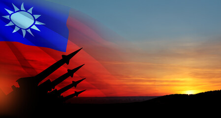The missiles are aimed at the sky at sunset with Taiwan flag. Nuclear bomb, chemical weapons,...