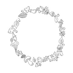 Mushrooms and leaves. Set .  Frame, floral ornament, round. Vector icons in doodle style. Isolated elements for design, graphic drawings mushrooms, berries, leaves in black outline. 