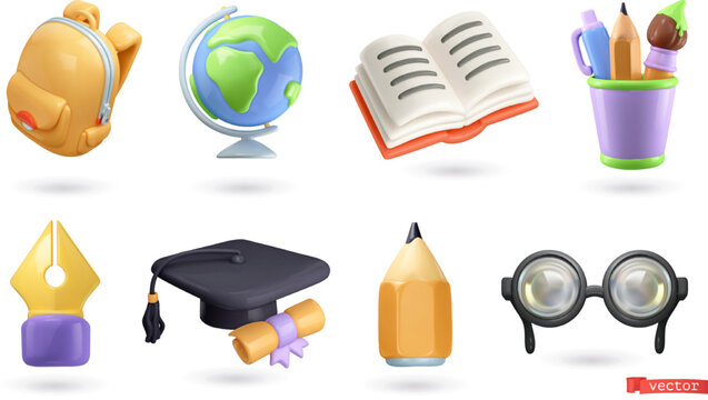 School and education icons 3d render vector set