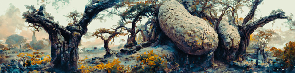 Artistic concept painting of a beautiful fantasy mystical tree landscape, surrealism. Tender and dreamy design, background illustration.