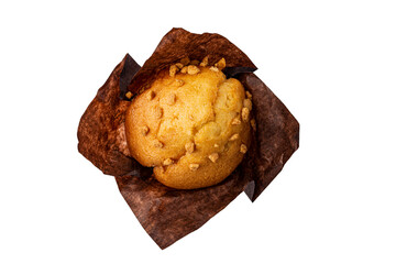 muffin in brown paper isolated on white background, top view