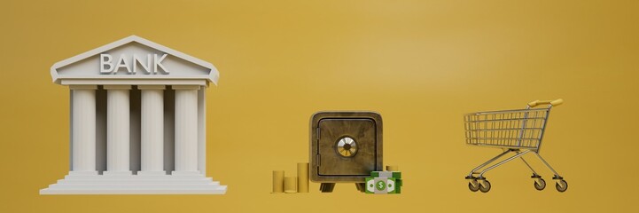 Obraz premium money saving concept. keeping money in a bank vault. take money from the bank to pay for purchases. bank building, safe with money and shopping trolley on a yellow background.3d render.3d illustration