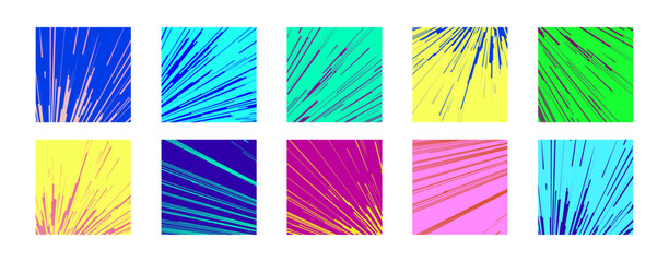 Comic book speed lines colorfull stripe and radial effect style set for manga speed frame, superhero action, explosion background. Motion line effect, pop art. Vector 10 eps