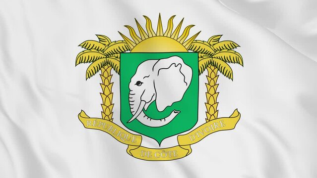 national emblem coat of arms or symbol of Ivory Coast  in waving flag. smooth 4k video seemless loop