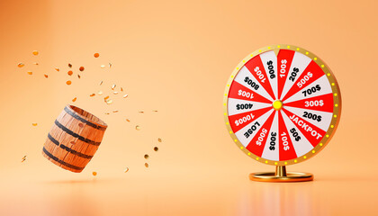 3D spinning fortune wheel and barrel with flying gold coins on yellow background. Realistic 3d lucky roulette. Gambling concept design. Online casino. 3d rendering illustration. - obrazy, fototapety, plakaty
