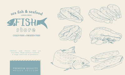 A set of seafood in an engraved style. Vintage fish market design. A frame for advertising a fish products store.