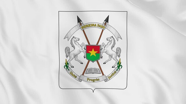 national emblem coat of arms or symbol of Burkina Faso in waving flag. smooth 4k video seemless loop