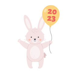 Cute white bunny wishes a Happy New Year 2023. Rabbit with air balloon. Year of the Rabbit. Winter holidays. Hand drawn vector illustration